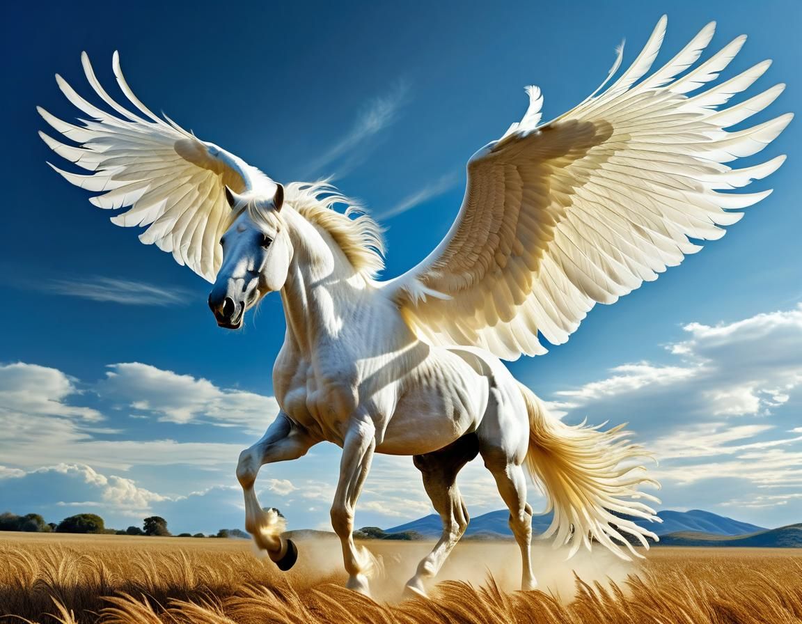 Surreal White Pegasus Soars Through Wispy Clouds