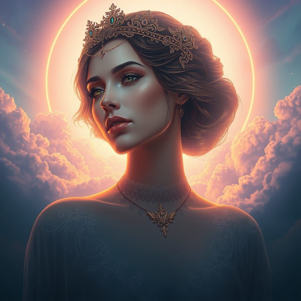 Regal Goddess Emerging from Dreamy Gradient Sky