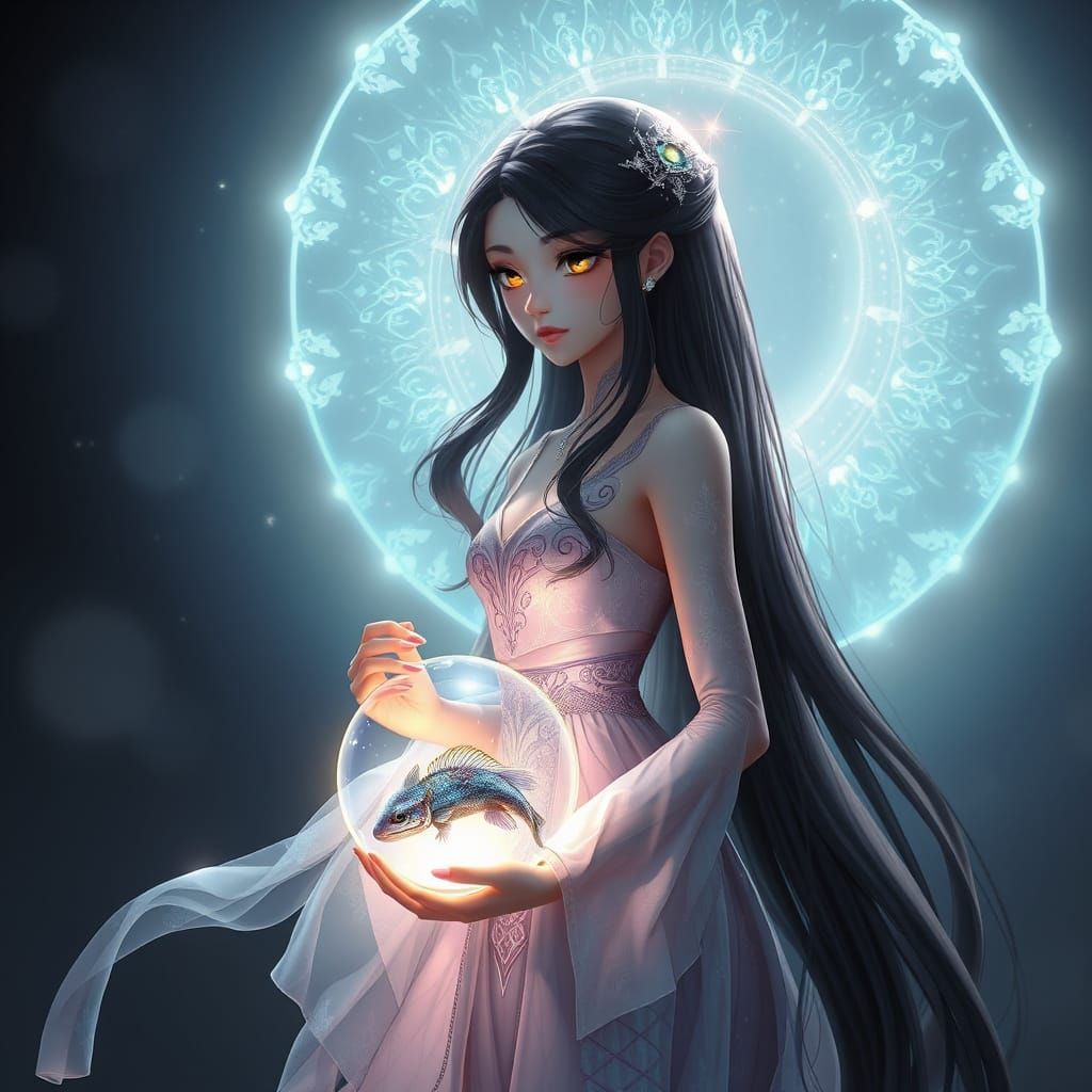 Majestic Goddess in Ethereal Gown with Axolotl Crystal Orb