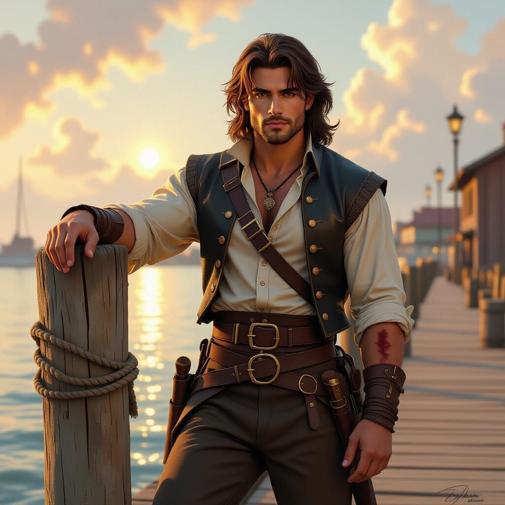 Young Adventurer on Weathered Wharf in Fantasy Art Style