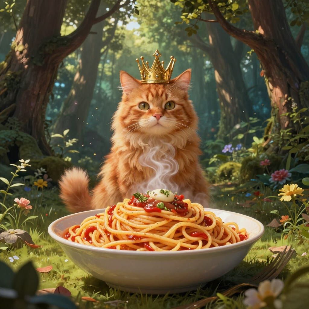 Fluffy Cat King on Spaghetti Throne in Enchanted Forest
