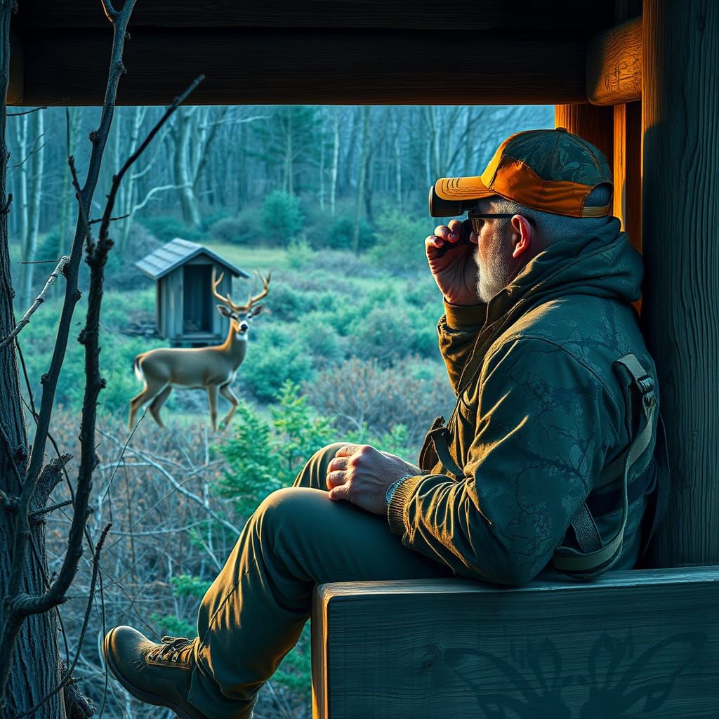 Hyperrealistic Hunter Observes Deer at Feeder