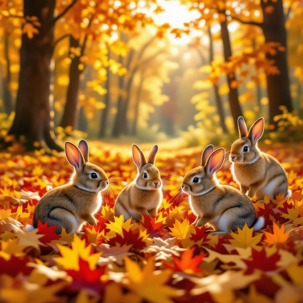 Bunnies Play in Autumn Forest Leaves