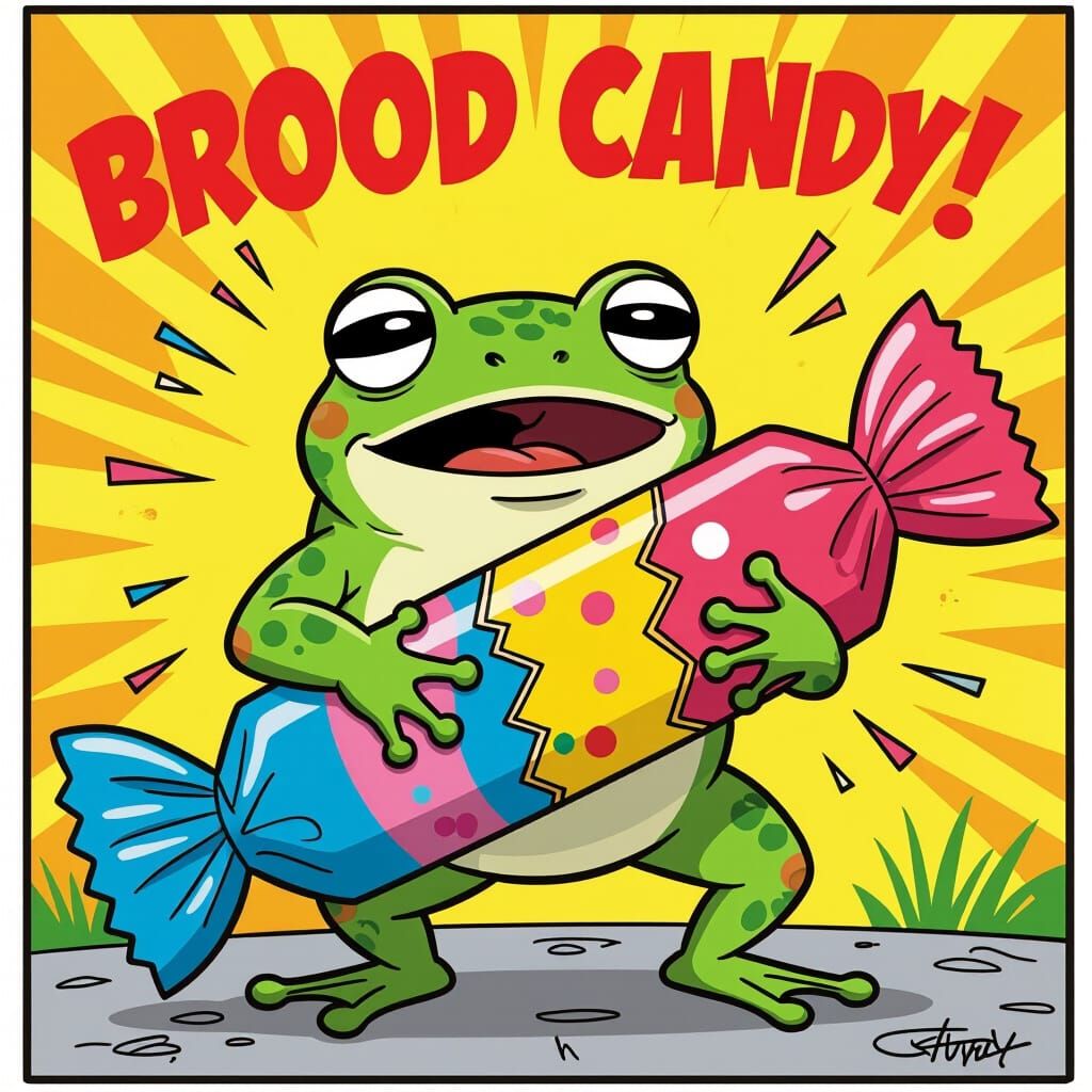 Shocked Frog with Broken Candy in Comic Style