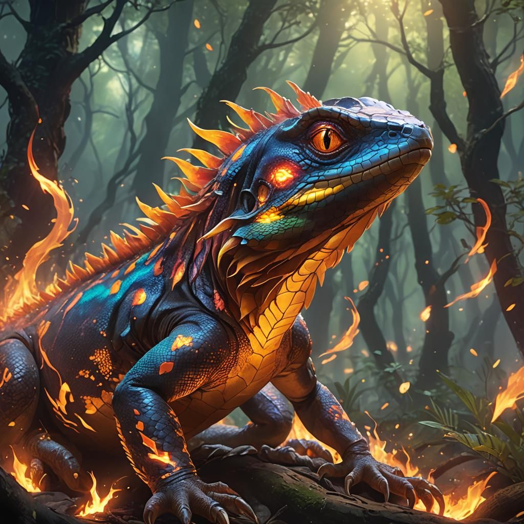 Fiery Lizard in Mystical Forest: 3D Anime Art