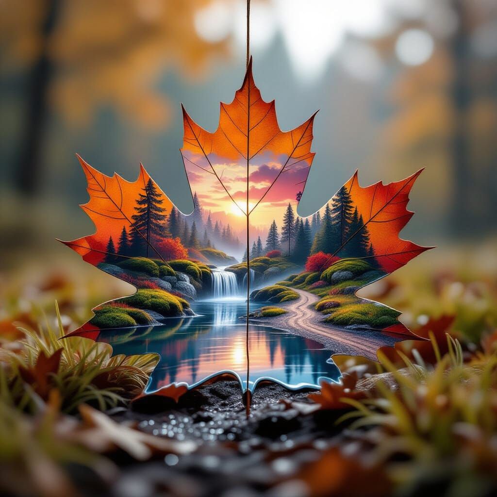 Maple Leaf with Holographic Puddle Landscape