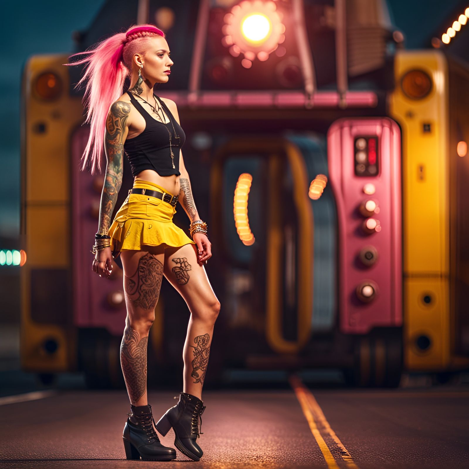 Steampunk Woman Dancing on Desert Highway