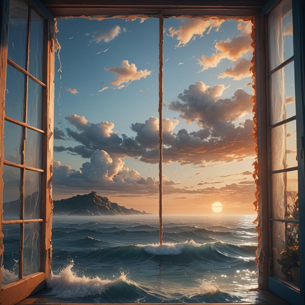 Serene Sea Through Open Window, Matte Painting