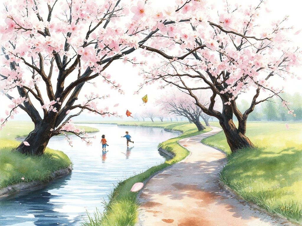 Serene Riverside Cherry Blossoms with Children Flying Kites