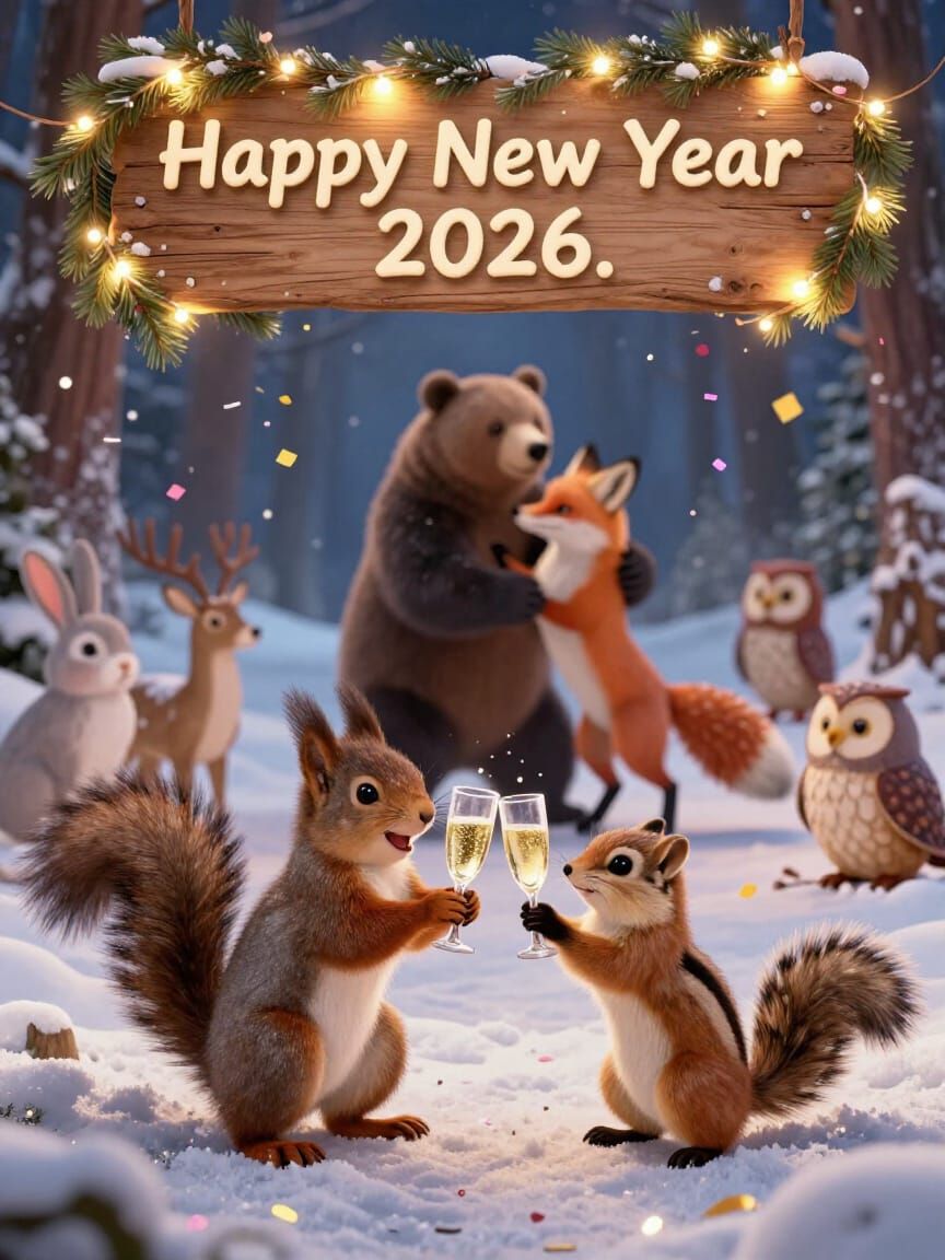 Woodland Creatures Celebrate New Year's Eve in Snowy Forest