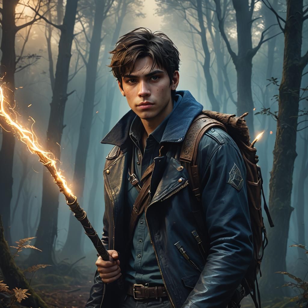 Young Man with Mystical Staff in Moonlit Forest