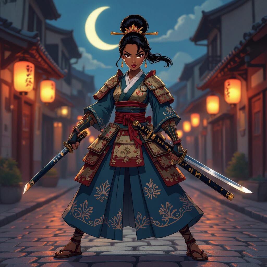 Princess Tiana as a Fierce Samurai Warrior in Ukiyo-e Style