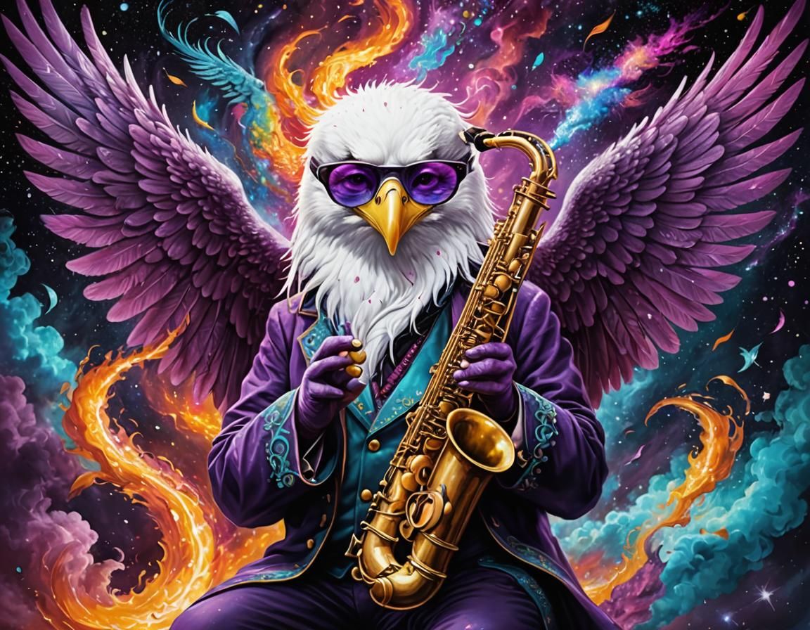 Cosmic Saxophone Angel Soaring Through Psychedelic Storm