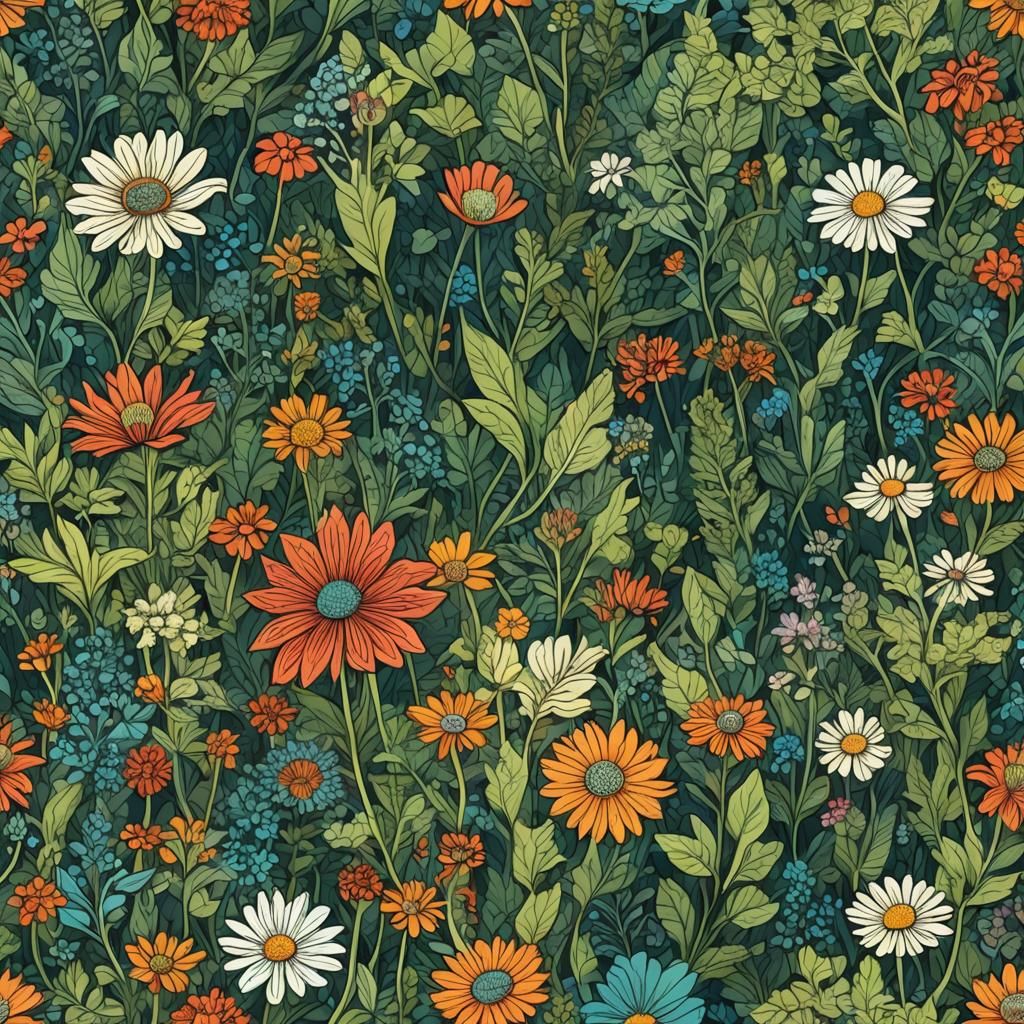 Wild Flowers in Forest Glade with 3D Shading