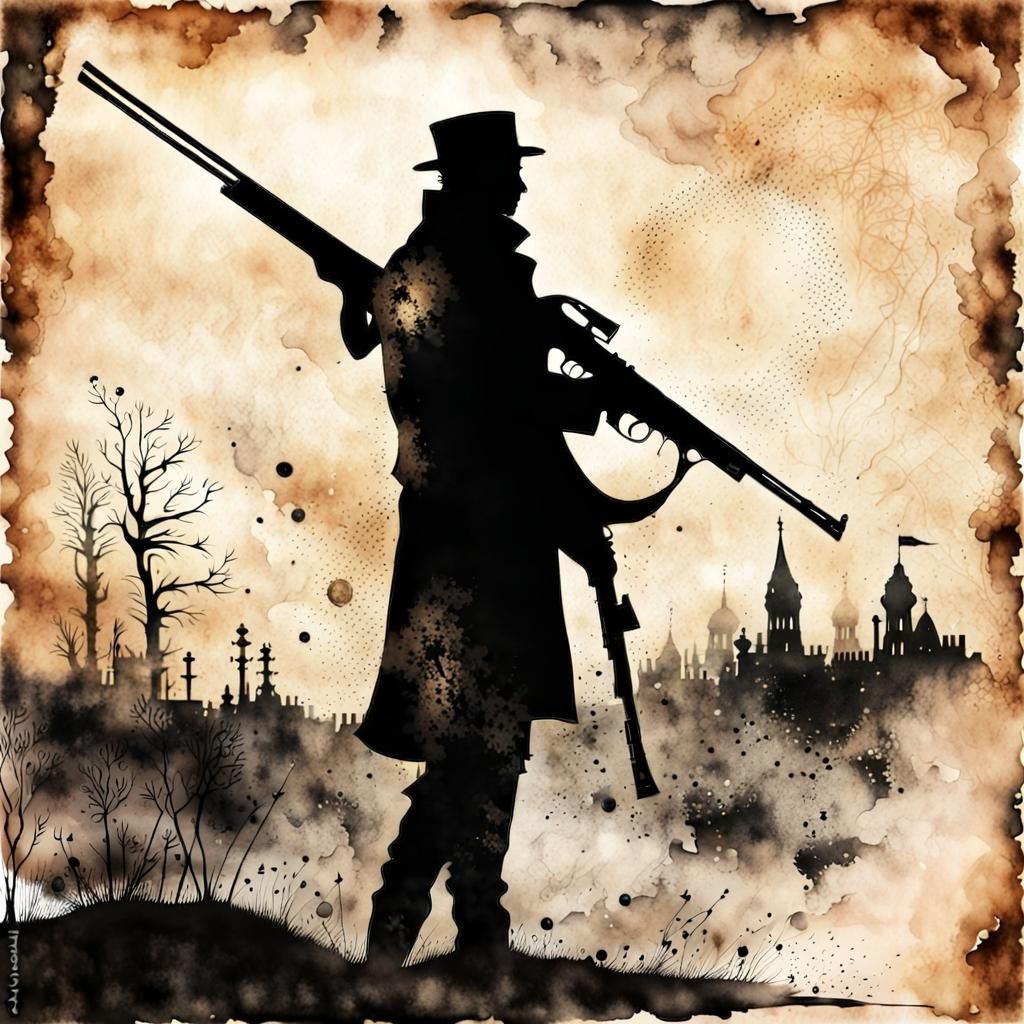 Steampunk Silhouette with Shotgun in Ink and Watercolor