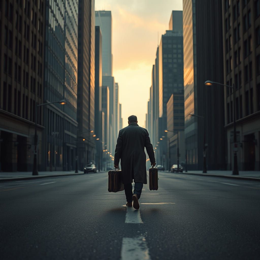 A Lone Figure Walks Away from a Desolate Cityscape at Dusk