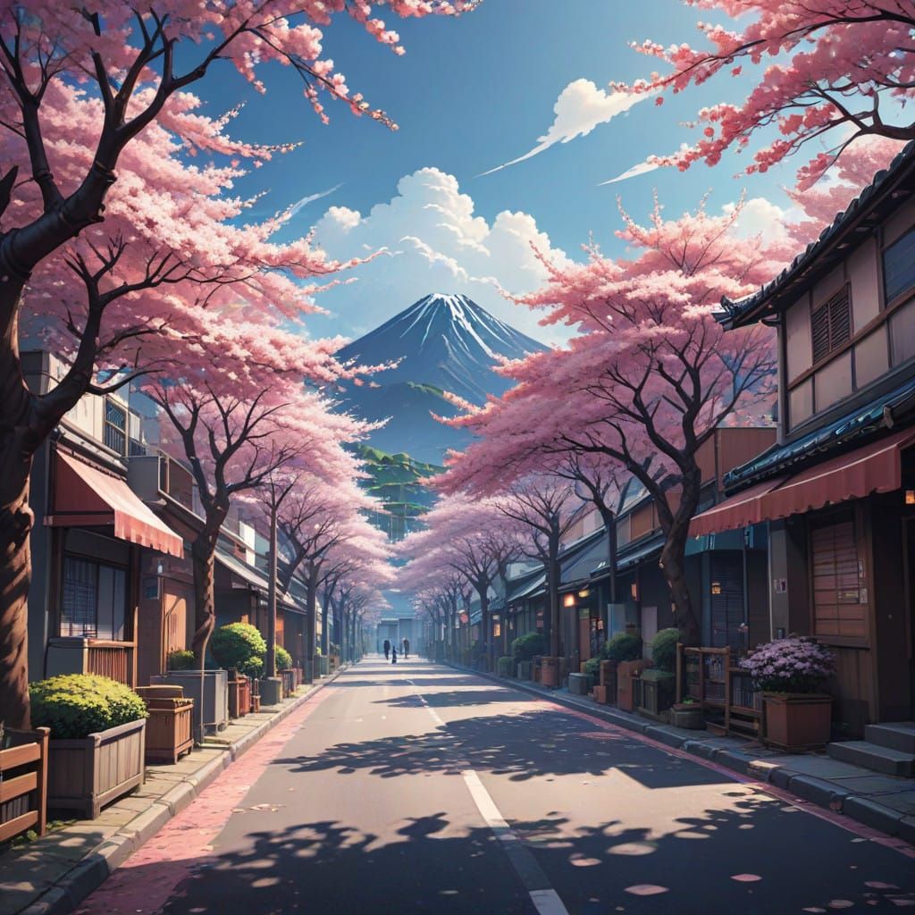 Sakura Street in Vibrant Cel-Shaded Style