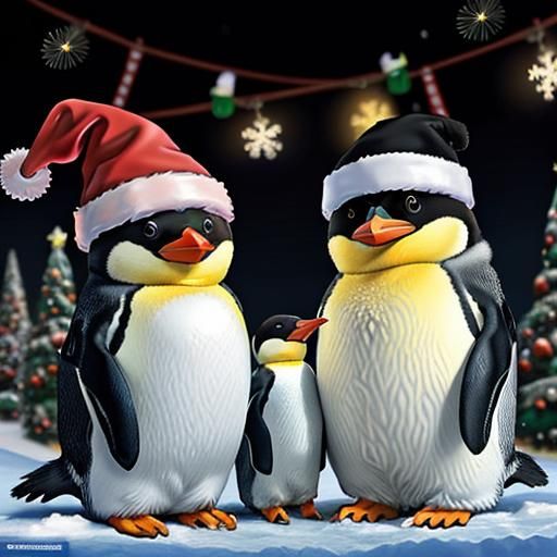 Penguin Colony Christmas Celebration in Botero Style