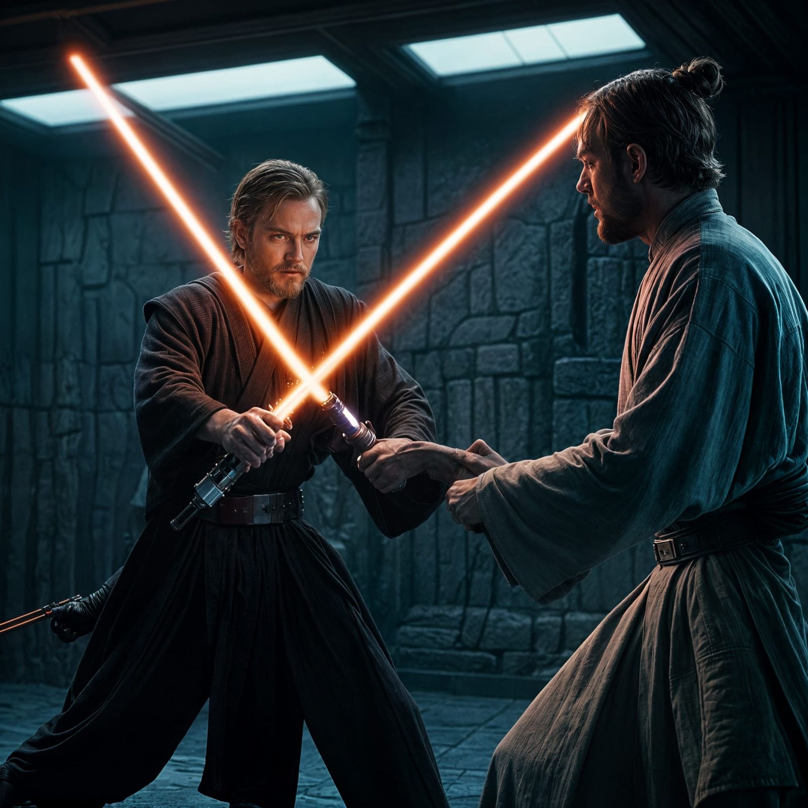 Epic Lightsaber Duel: Cinematic Still from Sci-Fi Film