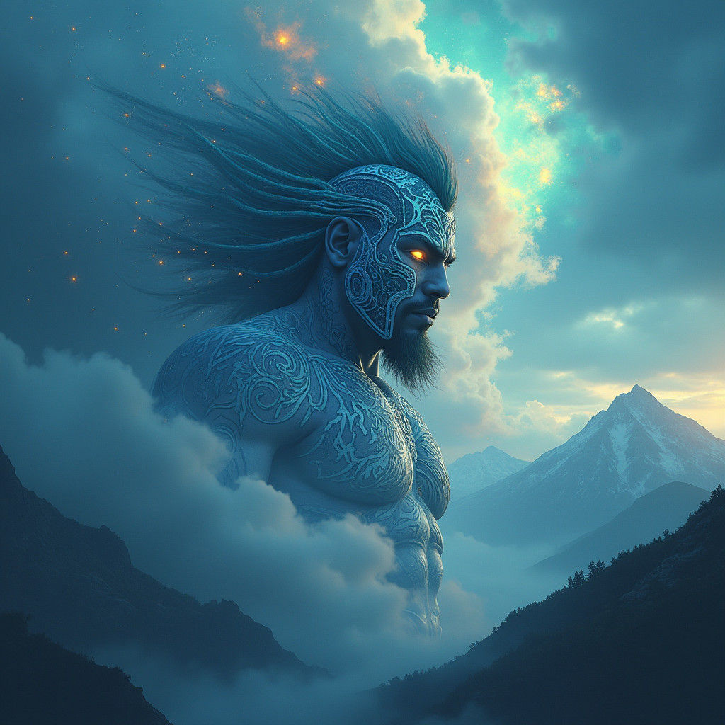 Maori Warrior Emerges From Celestial Clouds