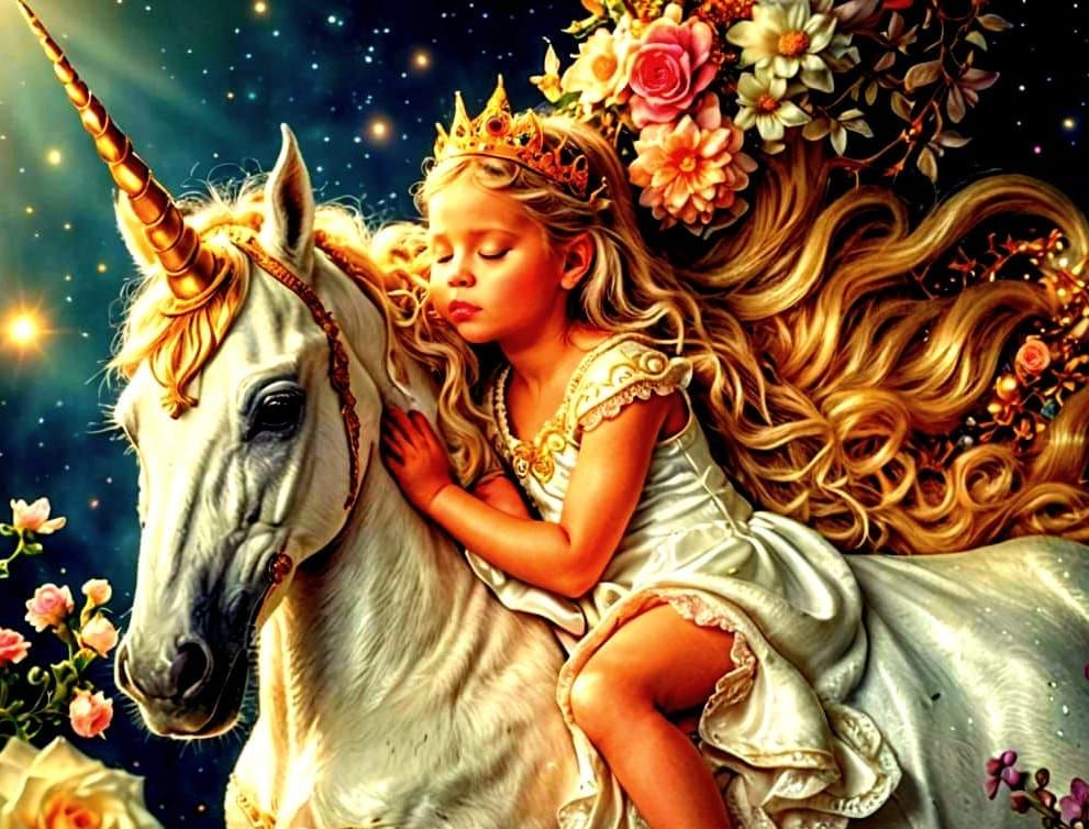 Baby Princess and Magical Unicorn in Hyperrealism