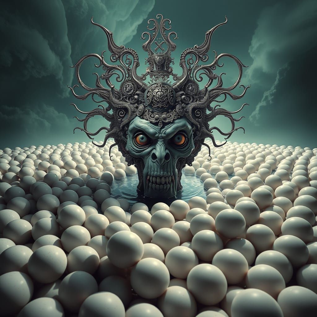 Grotesque Face Emerges in Surreal Biomechanical Scene