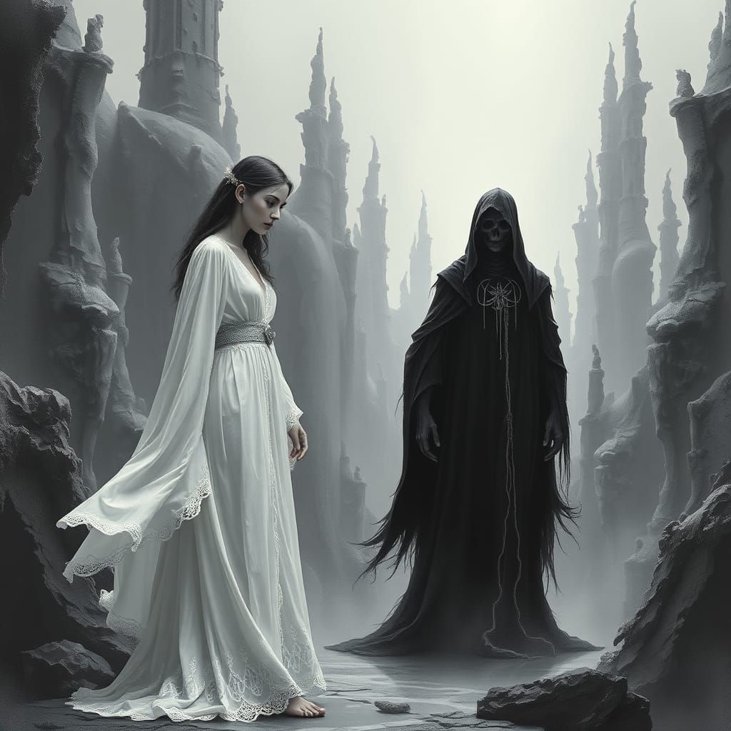 Grim Reaper of Death meeting a yong woman  adorned in flowin...