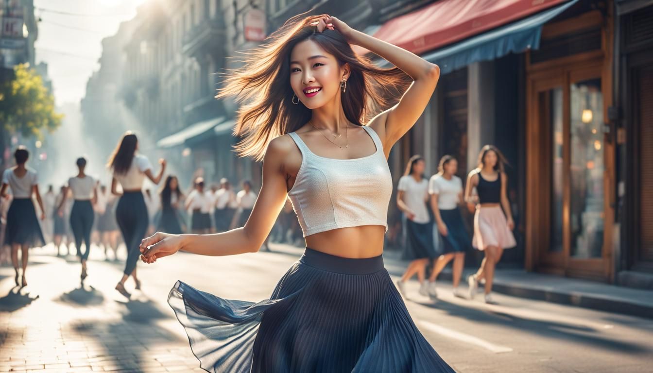 Asian Beauty Dancing: Hyperdetailed Night Scene