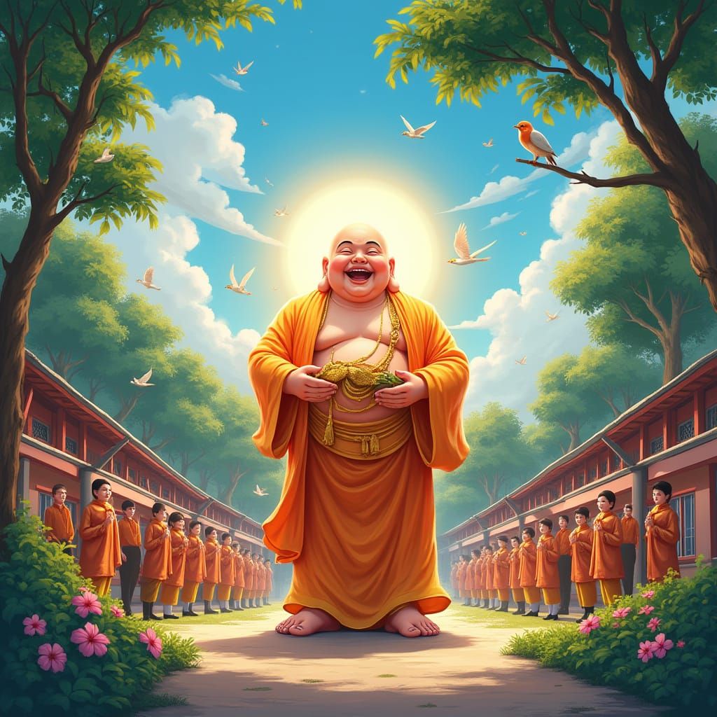 Laughing Buddha in Schoolyard with Vibrant Aura