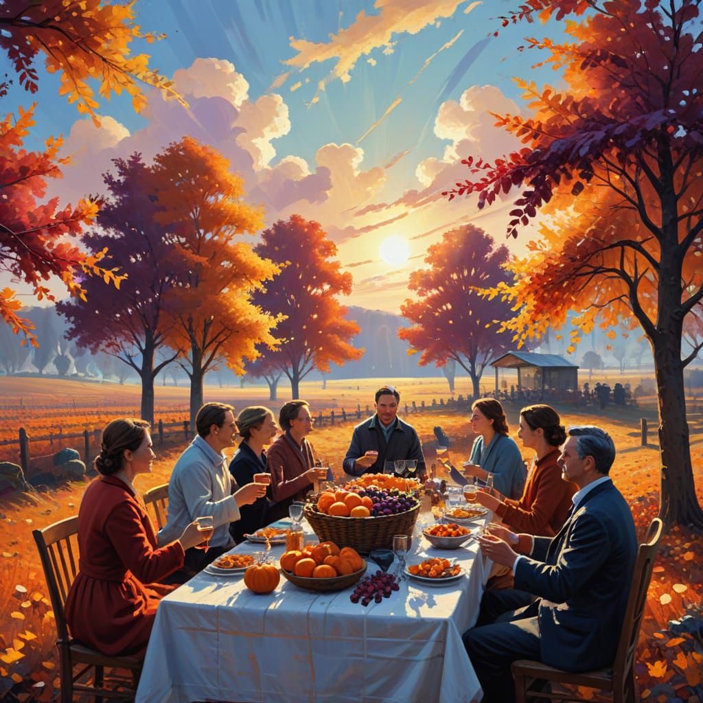 Autumn Harvest Festival Oil Painting with Toasting Villagers