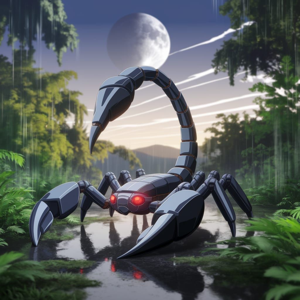 Futuristic Mecha Scorpion in Anime Style Rainforest