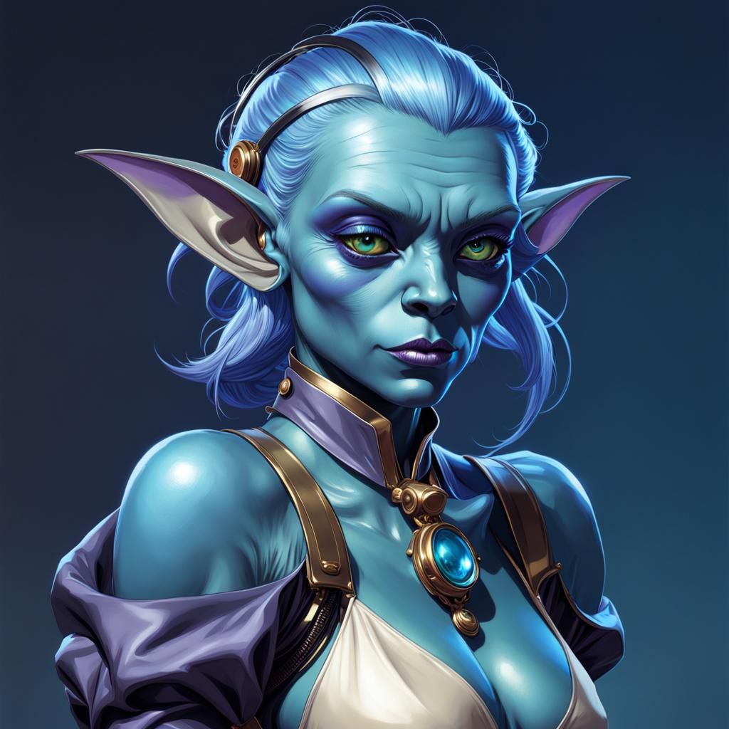 Blue Goblin Scientist in a Luminescent Lab