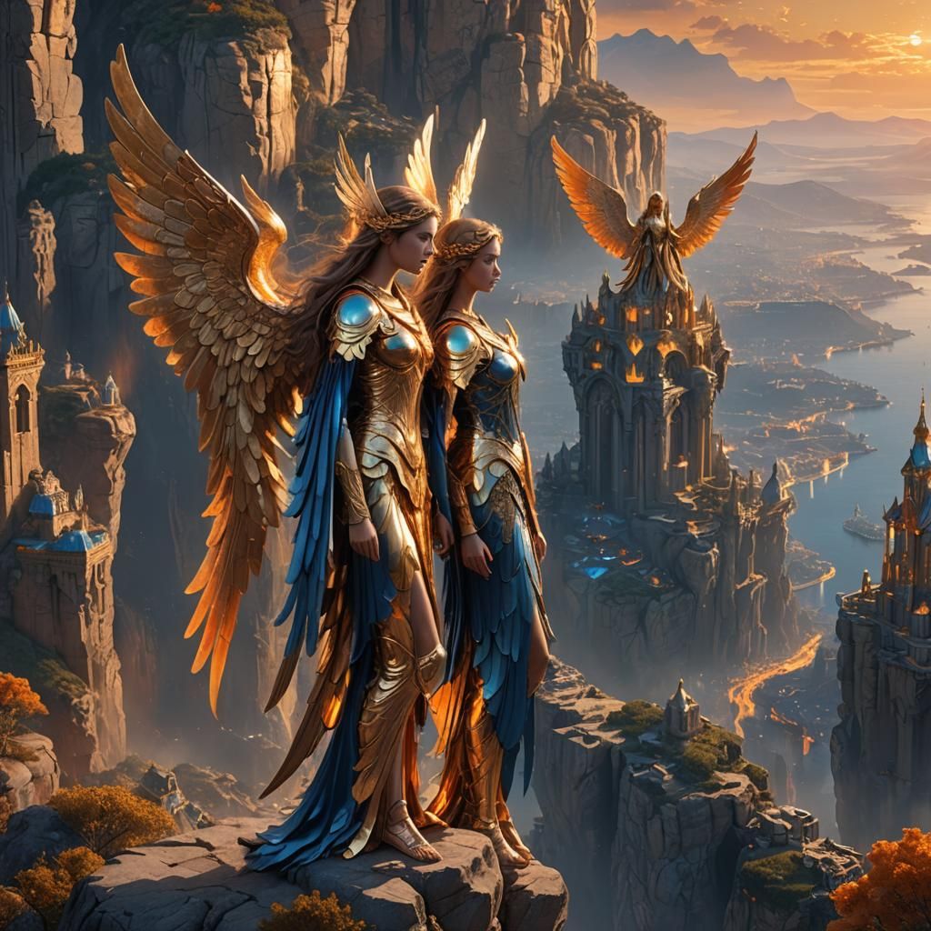 Golden Angels Overlook Mystical City in High-Fantasy Art