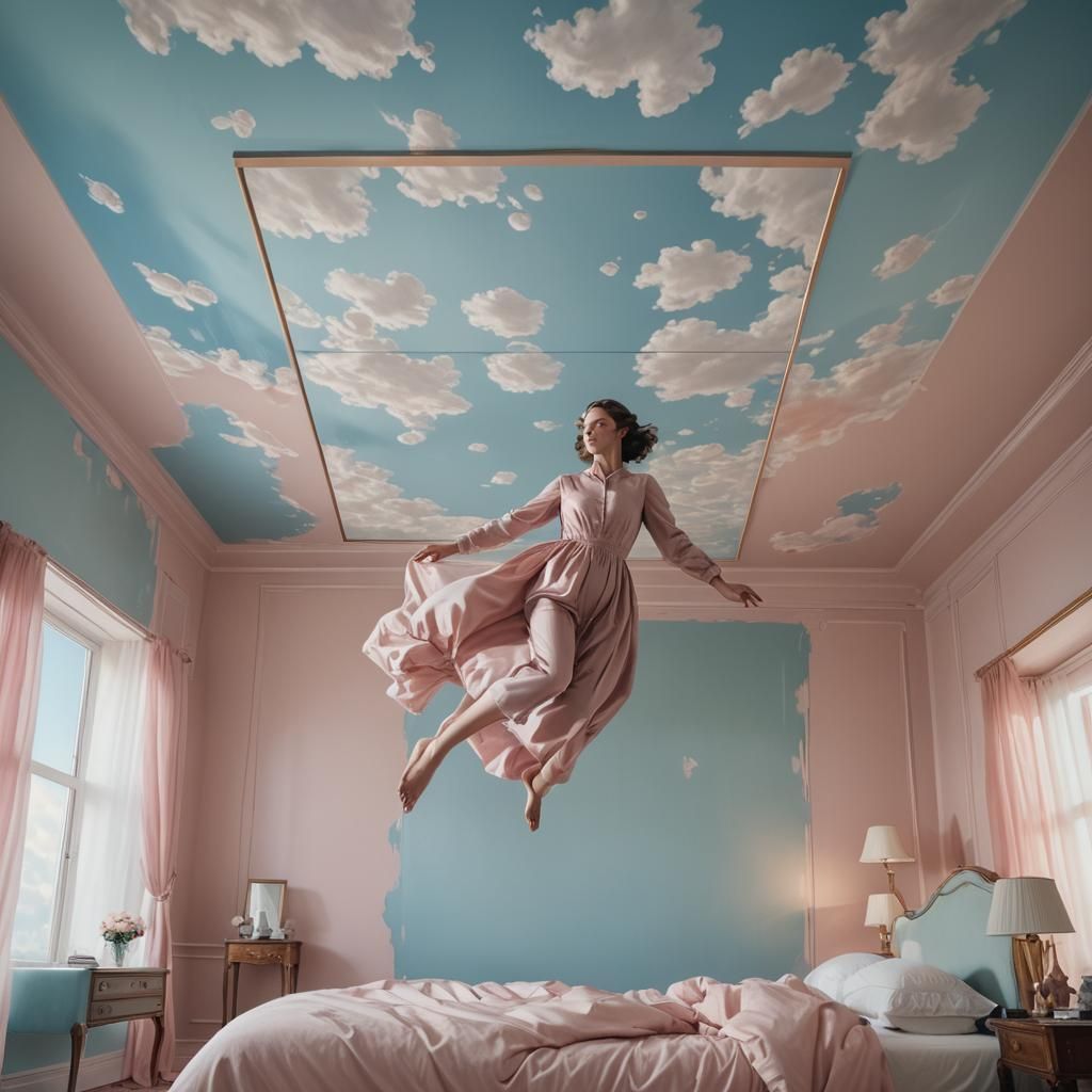 Surreal Woman Floating in Bedroom with Inverted Furniture