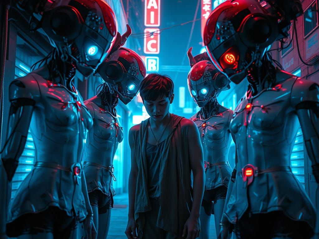 Dystopian Cyborgs in Neon Alleyway