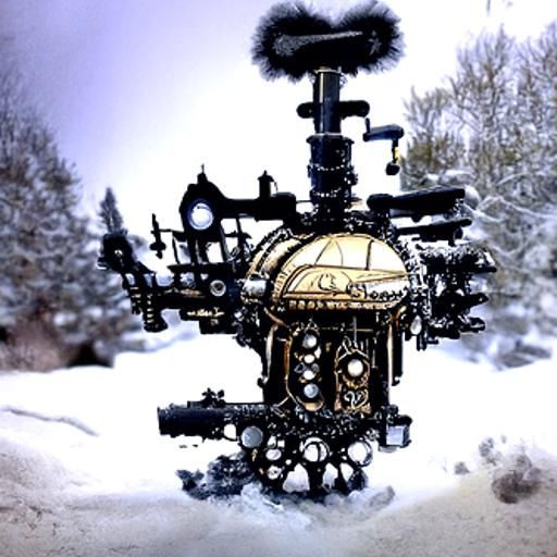 Steampunk Cabin in the Snow with Engine