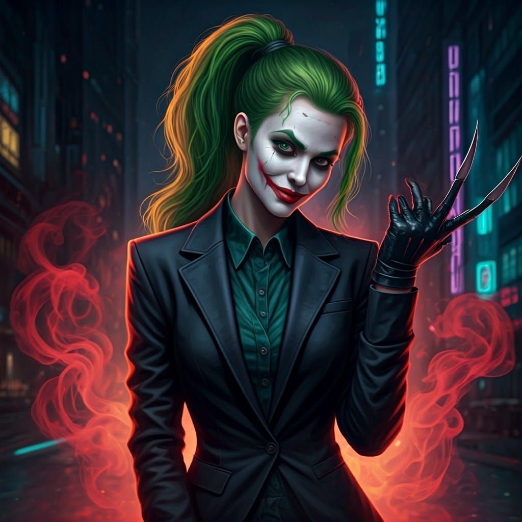 Female Joker in Cyberpunk Cityscape with Red Smoke