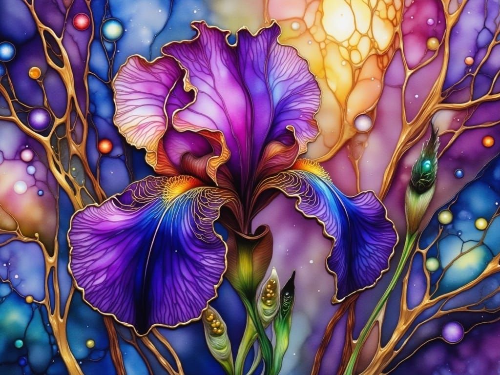 Velvet Bearded Iris in Gold Filigree Watercolor