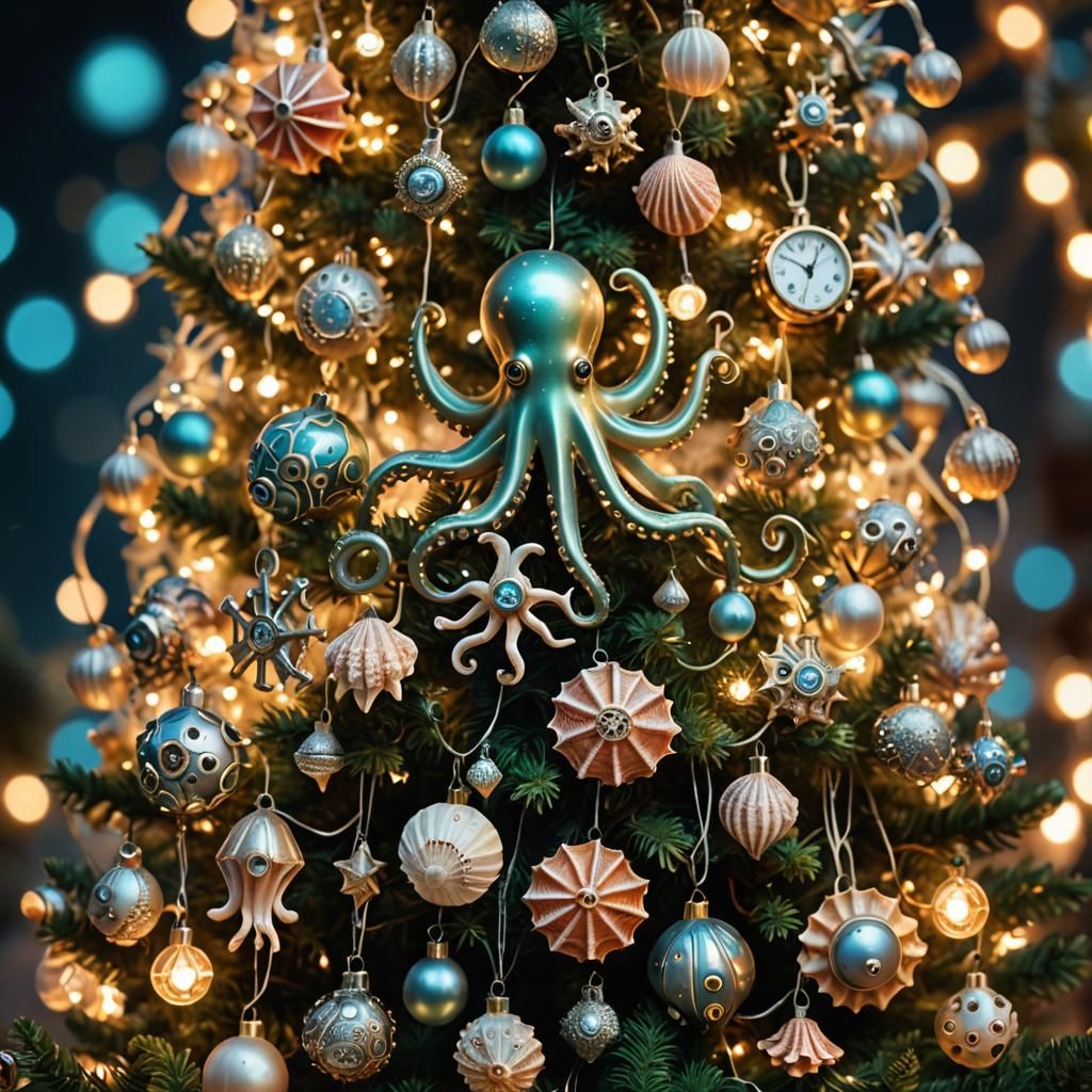 Surreal Christmas Tree with Clockwork and Marine Life