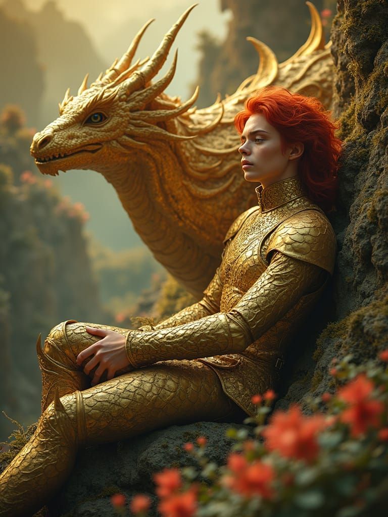 Mystical Young Man with Dragon on Gold Mountain