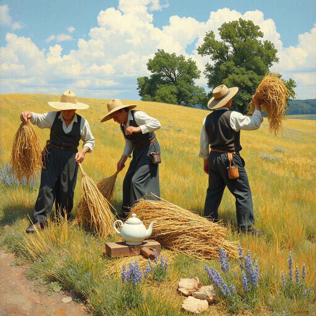 Hay Harvest in Meadow: Impressionist Rural Scene