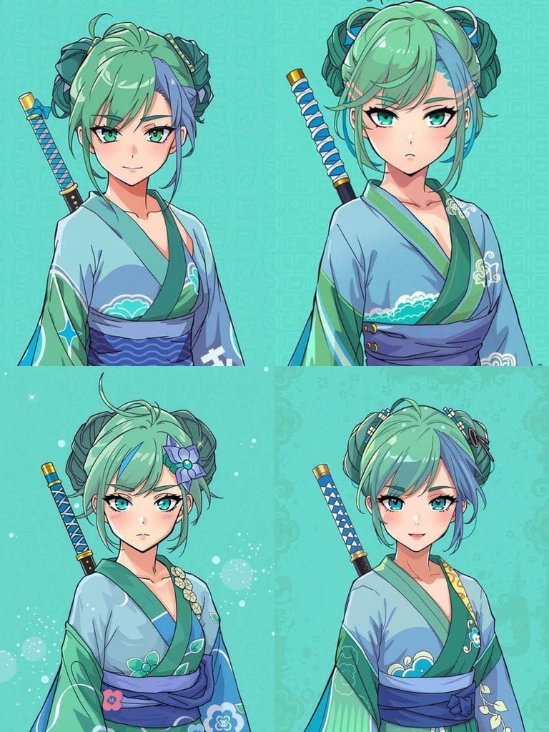 Anime Woman in Traditional Kimono with Vibrant Hair and Kata...