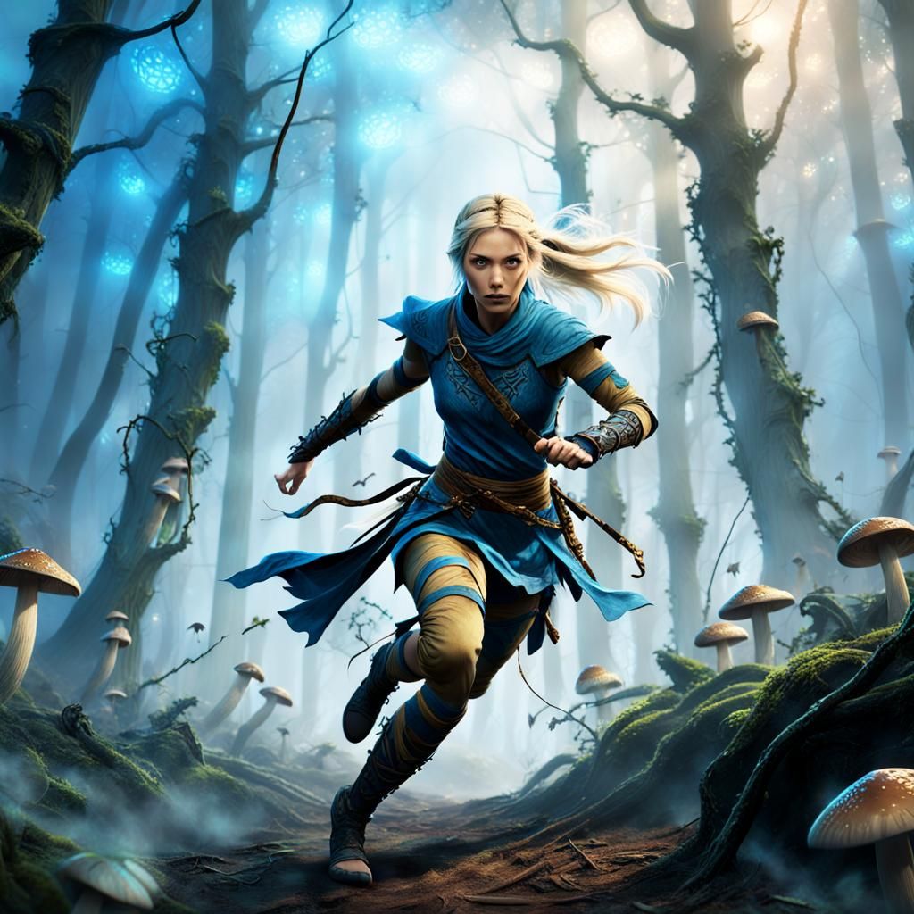 Blonde Ninja Warrior in Misty Forest: Fantasy Art