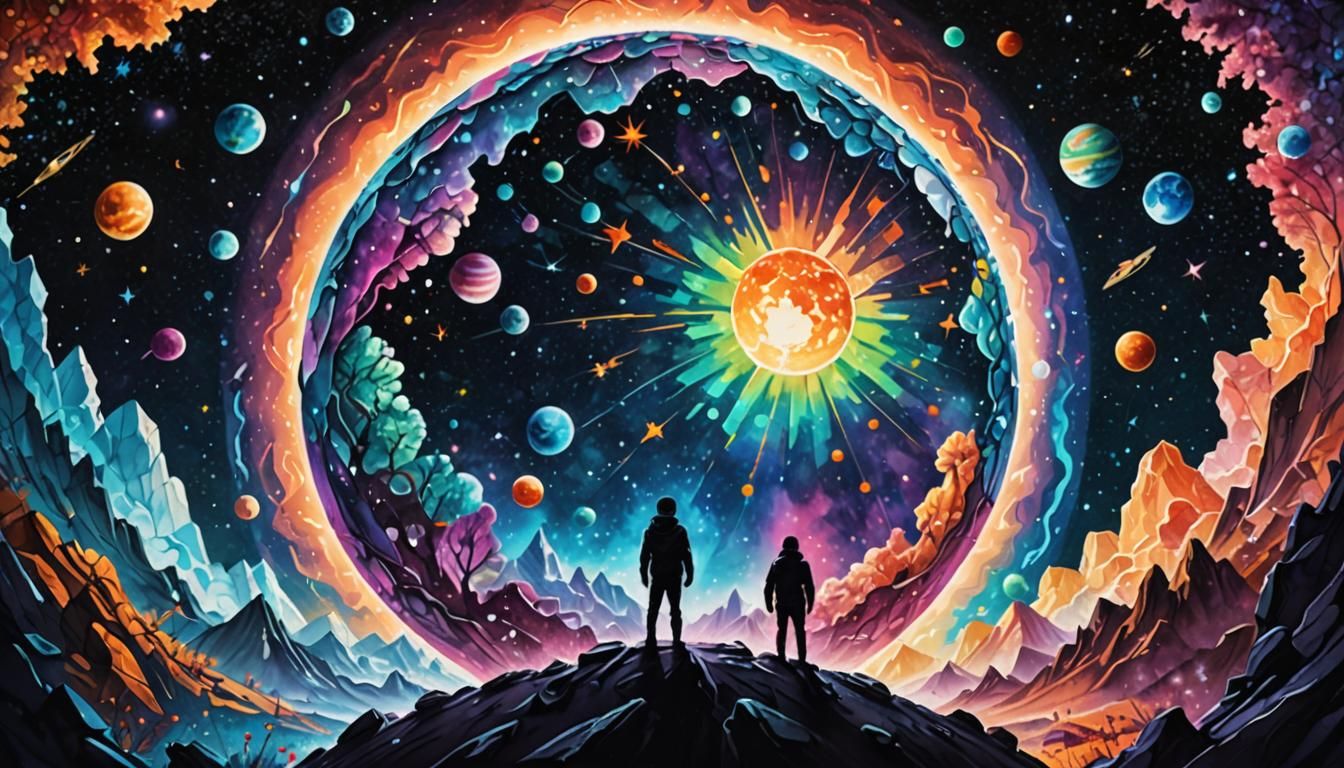 It creates a cosmic background and in the center the planet ...