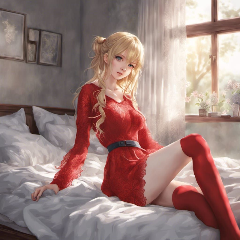 Blonde Model in Red Lace: Anime Art Style