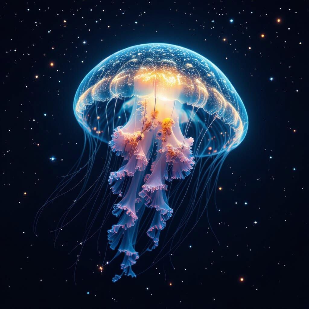 Bioluminescent Jellyfish Drifting Through Deep Space