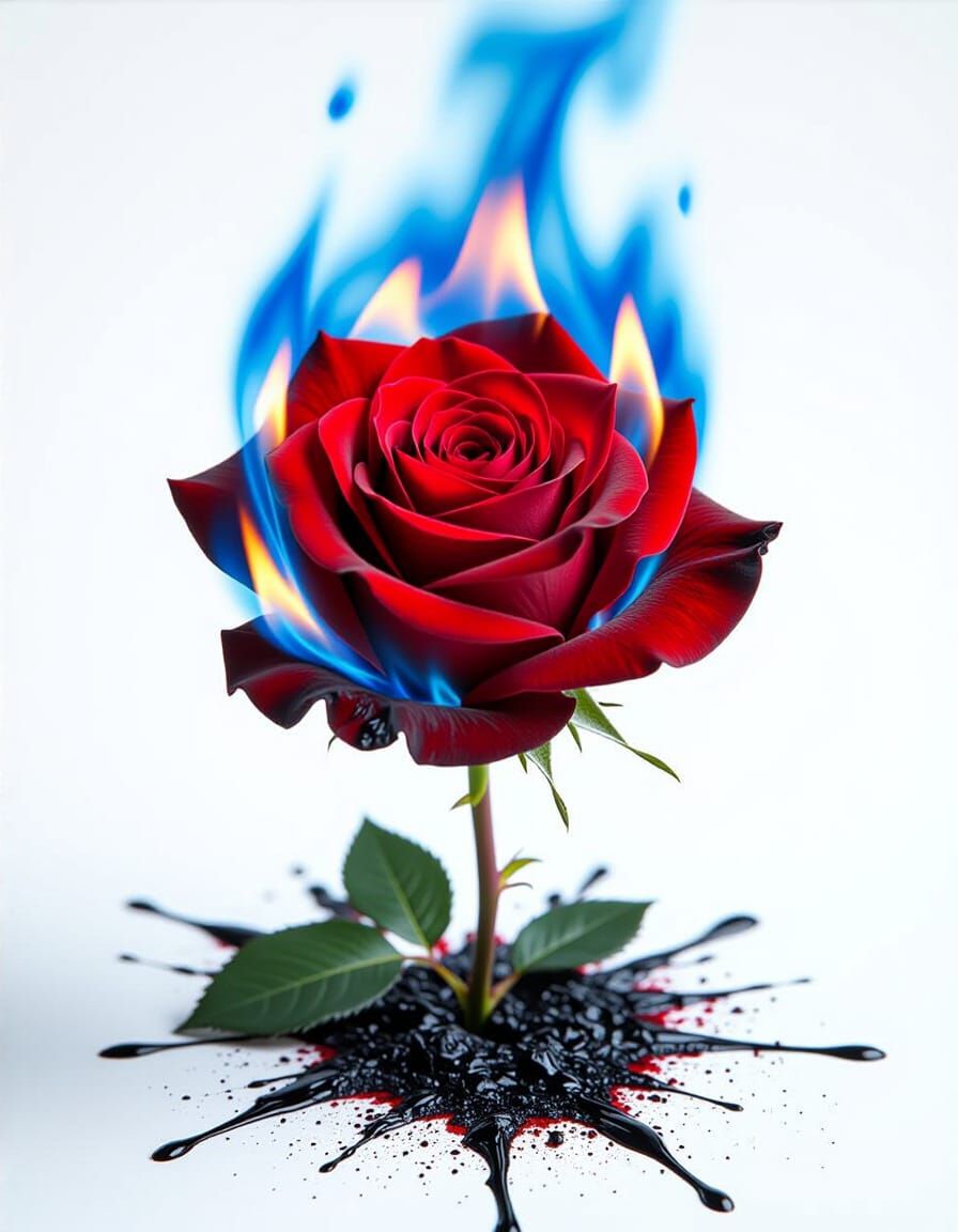 Crimson Rose Ablaze with Blue Fire and Paint Splatter