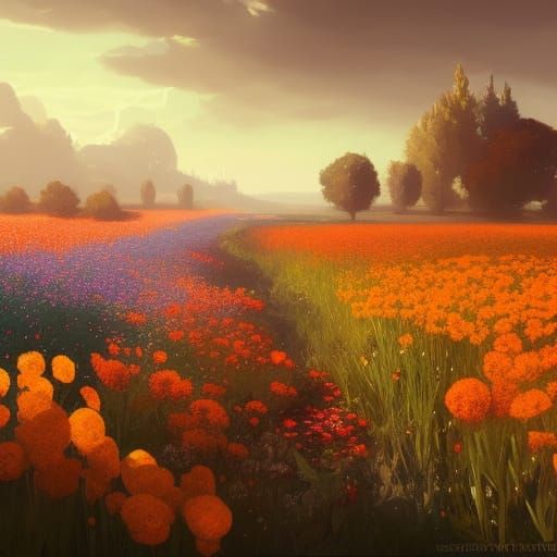 Hyperdetailed Flower Field Art in Orange and Teal