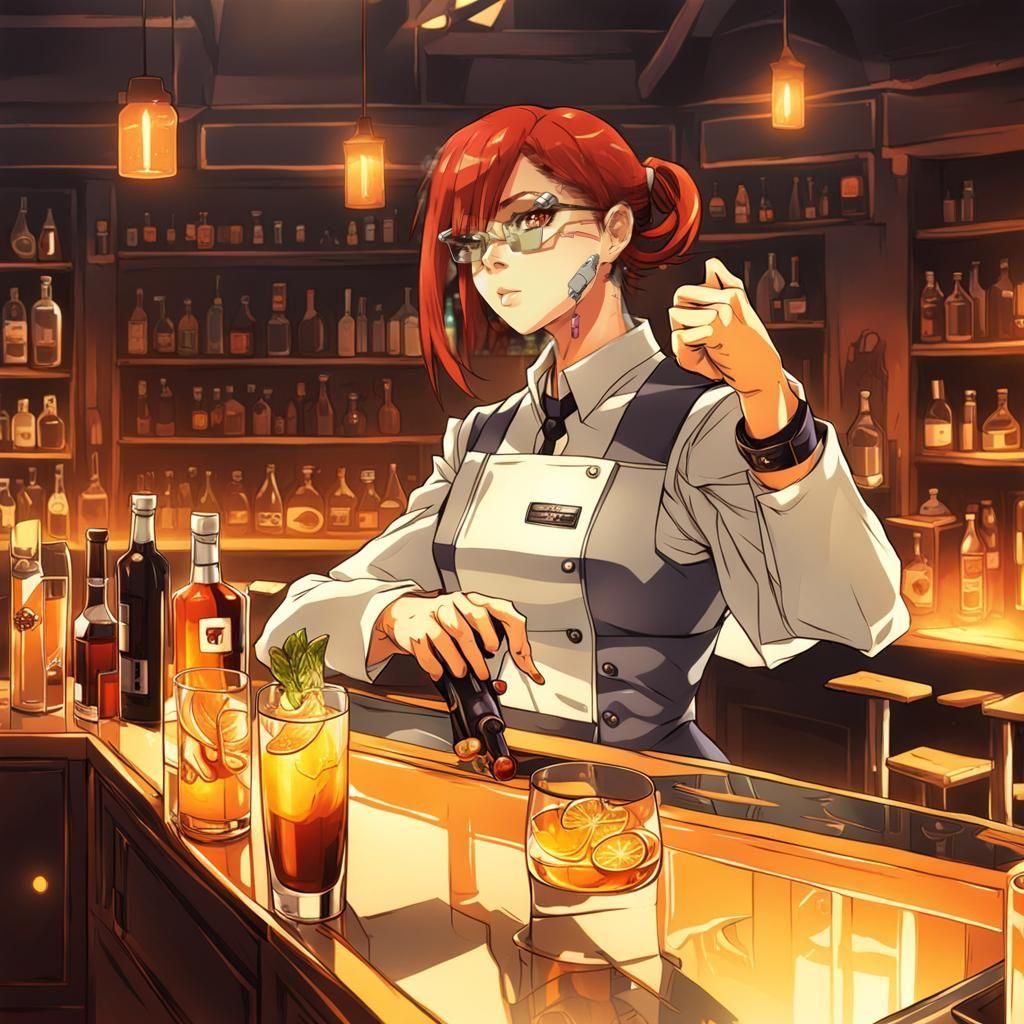 Cyborg Bartender in Anime Style