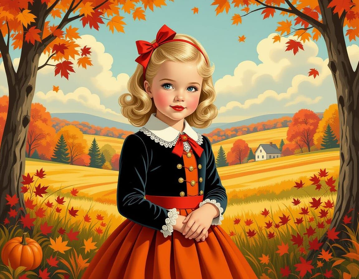 Autumn Girl in Pin-Up Style Fall Landscape